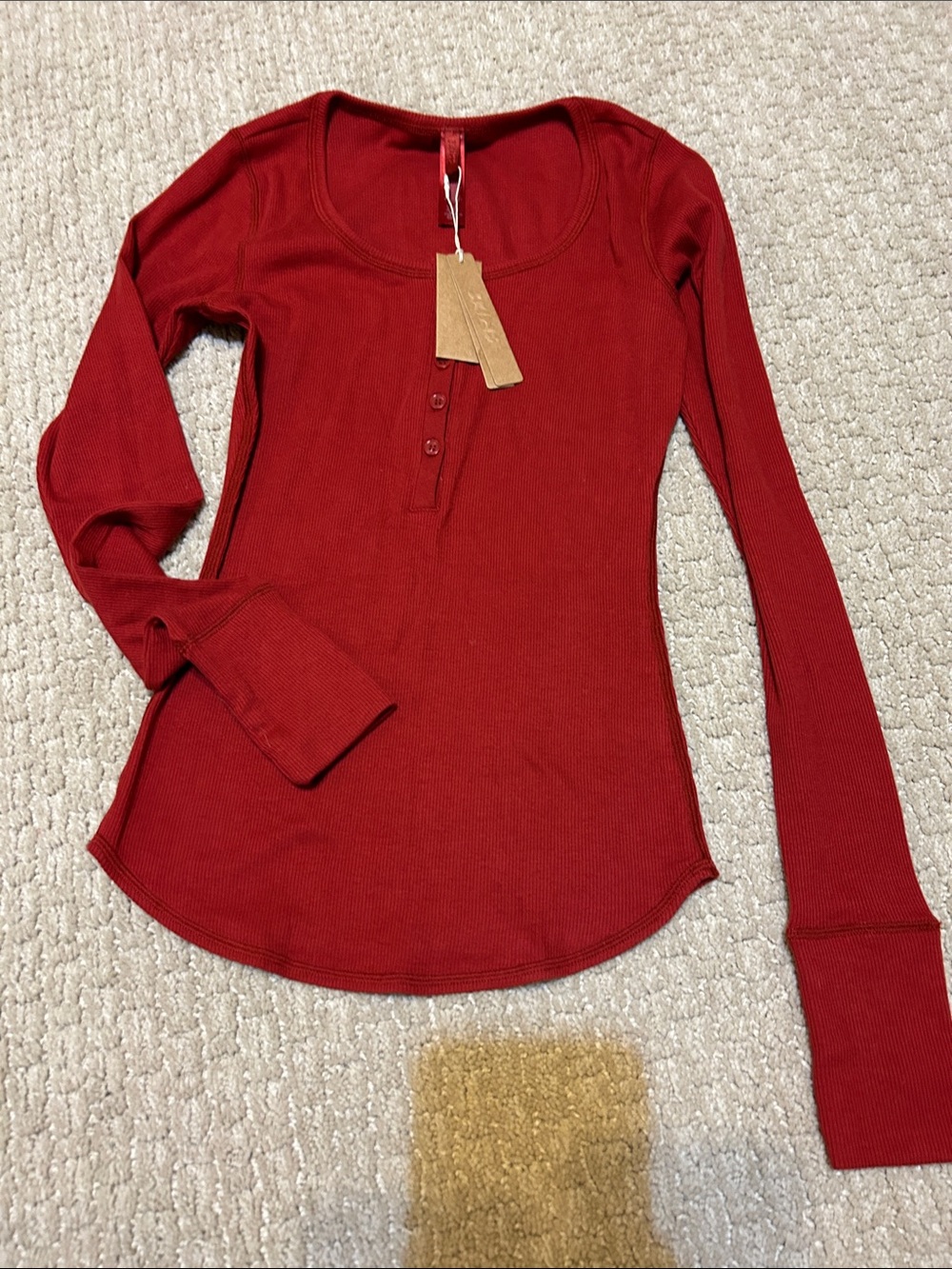 Skims cotton rib scoop neck Henley brick XS NWT